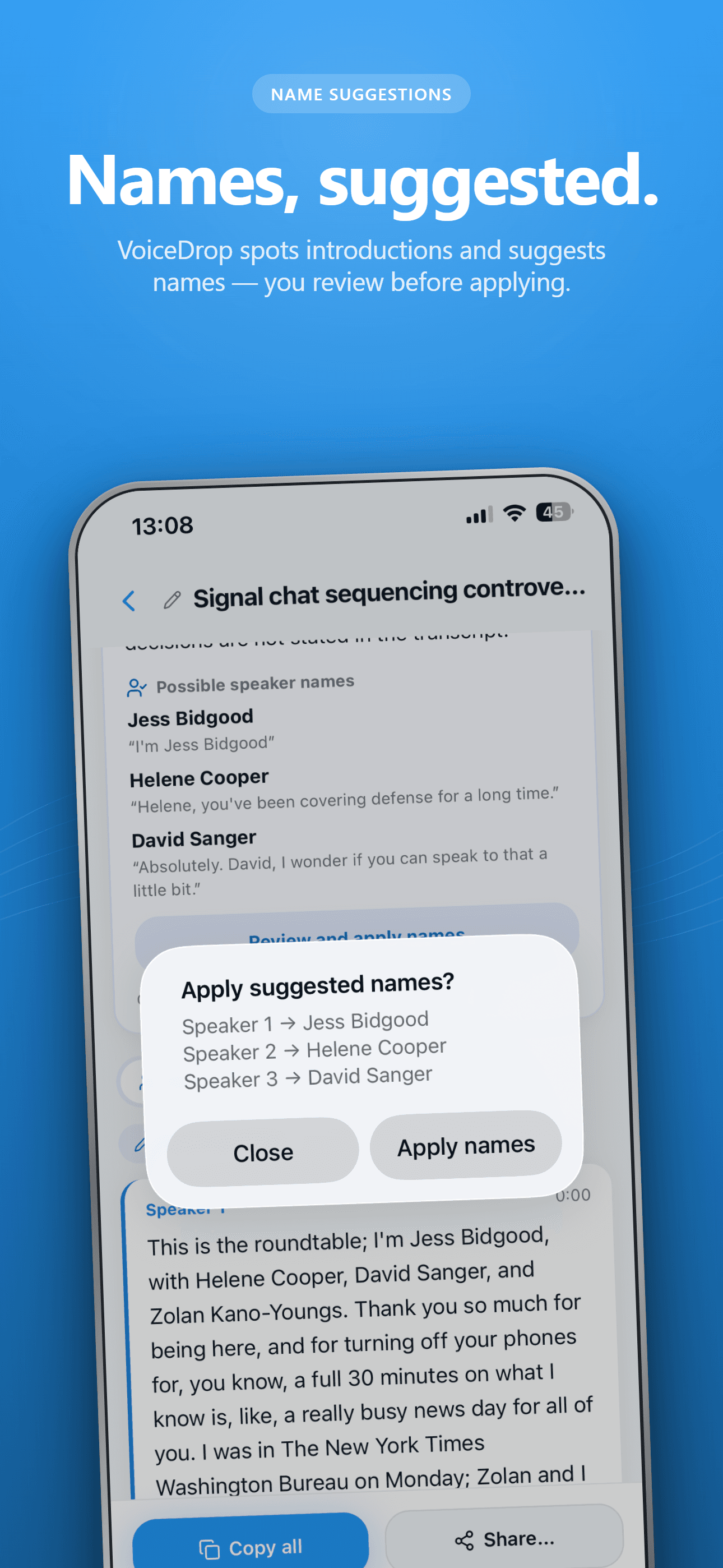 VoiceDrop Smart Notes with suggested speaker names for review