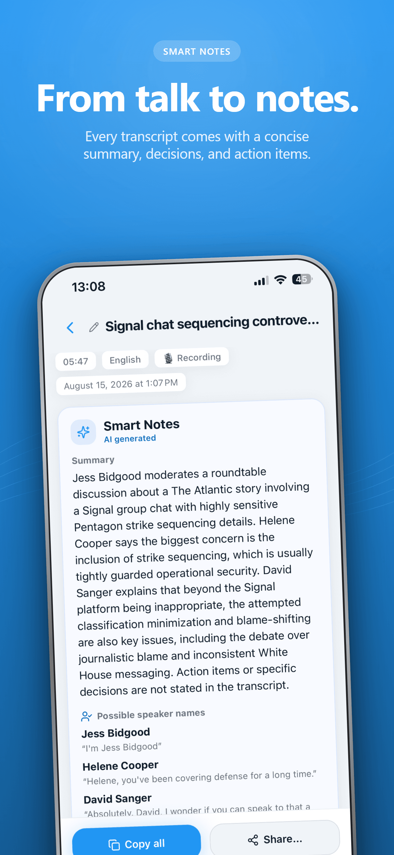 VoiceDrop creates Smart Notes with a summary and possible speaker names