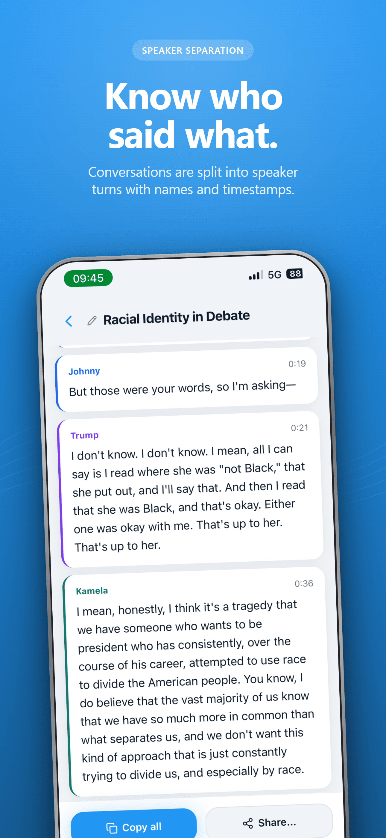 A VoiceDrop transcript separated into named speakers with timestamps